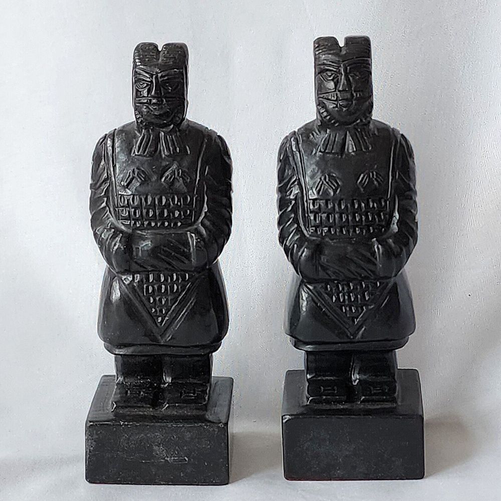 Carved Black Stone Chop Seal Stamp Chinese Terra Cotta Warrior 5" Pair Nice Rare
